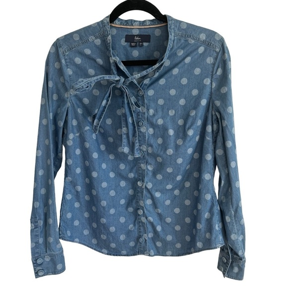 Boden Keira Tie Neck Polka Dot Chambray Button Down Top, Size 6 - Picture 3 of 7